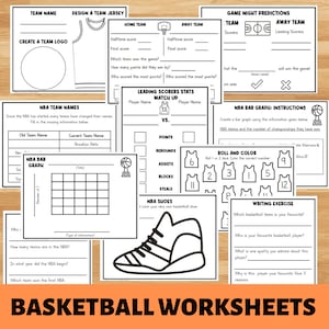 May include: Black and white printable basketball worksheets for kids. The worksheets include activities like designing a team jersey, creating a team logo, a bar graph, and a writing exercise.