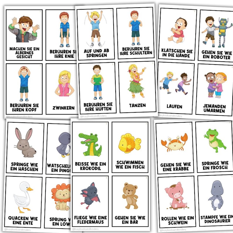 K&ouml;nnte beinhalten: Ein Satz von 20 bunten Karten mit Illustrationen und deutschem Text. Jede Karte zeigt eine andere Aktion oder ein anderes Tier, wie z. B. "Mach ein albernes Gesicht", "Ber&uuml;hre deine Knie", "Schwimme wie ein Fisch" und "Sprich wie ein Frosch".