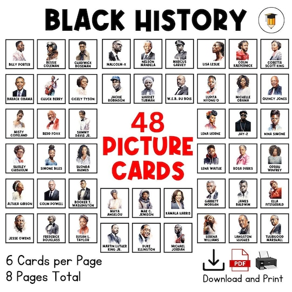 48 BLACK HISTORY Picture Cards | Bulletin Board Display | Black History Decor | African American | Pocket Chart | Visual Aid | Flashcards