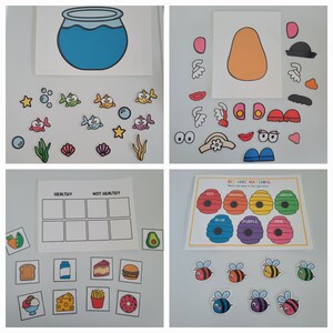 May include: A set of printable educational activity sheets for children. The sheets feature a variety of themes, including a fish tank, a potato head, healthy vs. unhealthy foods, and a beehive matching game.