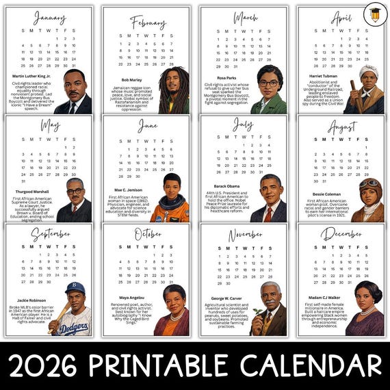 2026 Black History Calendar | Bulletin Board Display | Black History Decor | African American History | Printable Calendar | 2026 | Desk