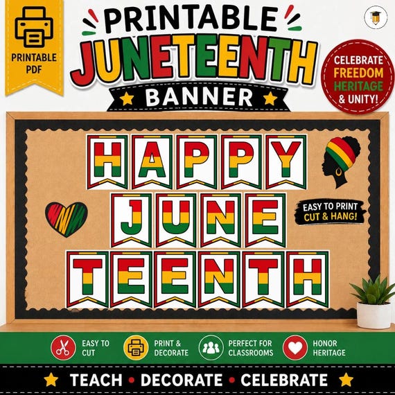 Juneteenth Banner Printable | Juneteenth Bulletin Board Decor | Classroom Door Decoration | Black History Month Banner | 20 Printable Banner