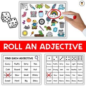 May include: An educational game with dice and adjective charts. The game features illustrations of various objects and a rainbow circled in red. The text "ROLL AN ADJECTIVE" is displayed prominently.