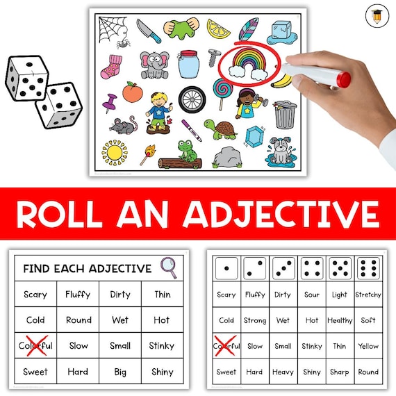 ADJECTIVES | Roll and Cover | Dice Activity | Parts of Speech | Matching | Flashcards | Word Wall | Vocabulary | Classroom Printables |