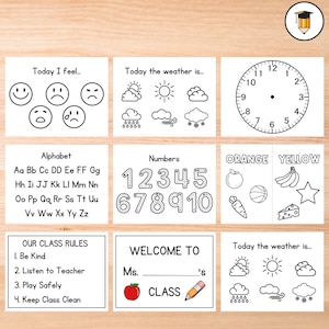 May include: Black and white printable classroom chart with sections for alphabet, numbers, weather, feelings, colors, and classroom rules. The chart includes text such as "Today I feel...", "Today the weather is...", "Alphabet", "Numbers", "Orange", "Yellow", "Our Class Rules", "Welcome to", "Ms. ____'s Class", and "Keep Class Clean".