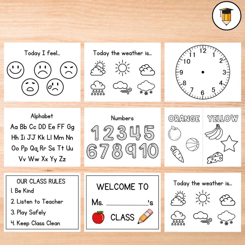 May include: Black and white printable classroom chart with sections for alphabet, numbers, weather, feelings, colors, and classroom rules. The chart includes text such as "Today I feel...", "Today the weather is...", "Alphabet", "Numbers", "Orange", "Yellow", "Our Class Rules", "Welcome to", "Ms. ____'s Class", and "Keep Class Clean".