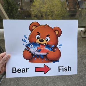 Pode incluir: Ilustra&ccedil;&atilde;o de desenho animado de um urso marrom com express&atilde;o zangada, segurando um peixe azul e vermelho. As palavras "Bear" e "Fish" est&atilde;o em ambos os lados de uma seta vermelha.