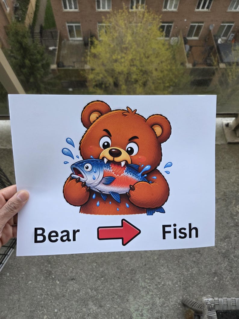 Pode incluir: Ilustra&ccedil;&atilde;o de desenho animado de um urso marrom com express&atilde;o zangada, segurando um peixe azul e vermelho. As palavras "Bear" e "Fish" est&atilde;o em ambos os lados de uma seta vermelha.