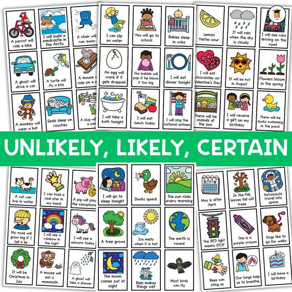 Probability | Math | Sorting Task Cards | Literacy Skills | Language Arts | Critical Thinking | Reading | Likely, Unlikely, Certain