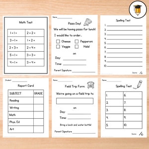 May include: Black and white printable worksheets for kids. The worksheets include a math test, a pizza order form, a spelling test, a report card, a field trip form, and another spelling test.