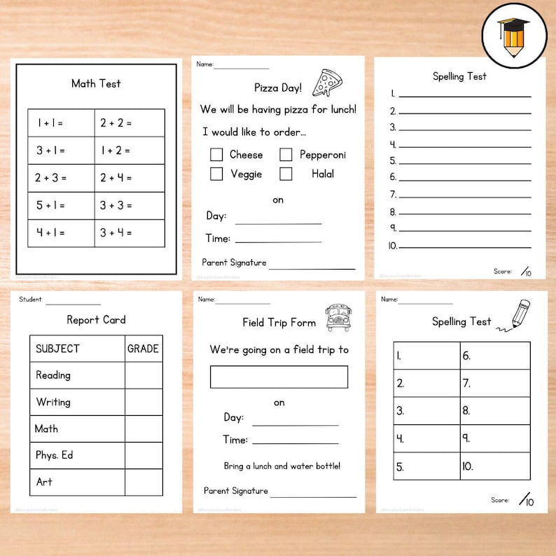 May include: Black and white printable worksheets for kids. The worksheets include a math test, a pizza order form, a spelling test, a report card, a field trip form, and another spelling test.
