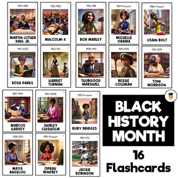 16 CARTOON Black History Flashcards | Bulletin Board Display | Black History Decor | African American History | Picture Card | Famous Black