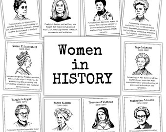 May include: Black and white illustration of 10 women in history. Each illustration is framed with a white border and includes the woman's name, years of life, and a brief description of their accomplishments. The title "Women in History" is displayed in large, bold letters.