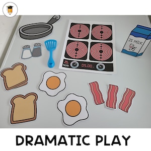 May include: A set of printable pretend play kitchen items for kids. The set includes a stovetop with a timer, a frying pan, a spatula, two salt shakers, two eggs, three slices of bacon, two pieces of toast, and a carton of milk. The items are all black and white with red accents.