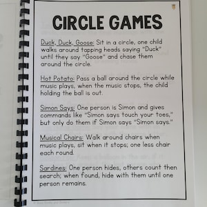 May include: A page from a book with the title "Circle Games" and a list of four circle games: Duck, Duck, Goose, Hot Potato, Simon Says, and Musical Chairs. Each game is described with instructions on how to play.