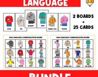 May include: Two sign language communication boards with 25 cards. The boards are divided into a grid of 4x4 squares. Each square contains a different sign language symbol and the corresponding word. The words include "yes", "no", "stop", "don't", "hi", "me", "want", "help", "hungry", "eat", "water", "more", "please", "thank you", "toilet", "all done", "play", "who", "what", "where", "why", "when", and "you".