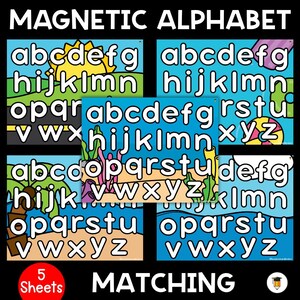 May include: Colorful magnetic alphabet letters on five matching sheets. Each sheet features lowercase letters against a background of a sunny day, underwater scene, and beach. The text "MAGNETIC ALPHABET" is at the top.