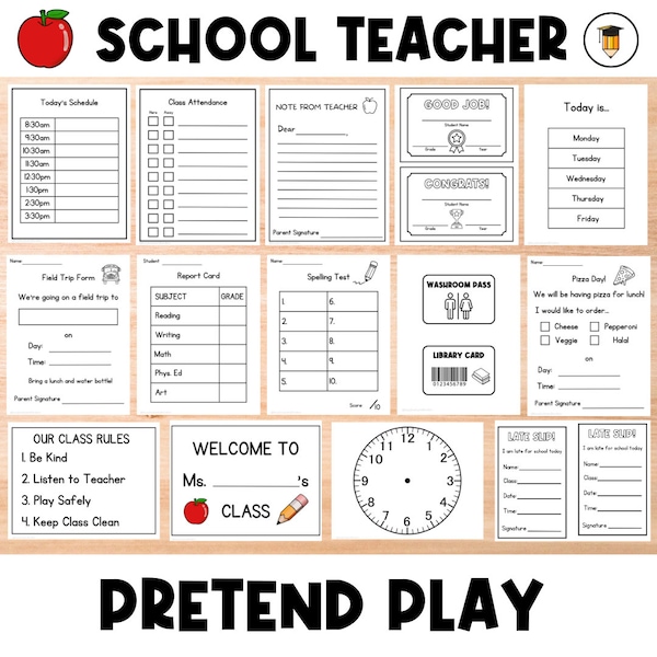 School Dramatic Play | Teacher Play | Learning | Pretend Play | Preschool and Toddler Activities | Homeschool | Busy Book | School Printable