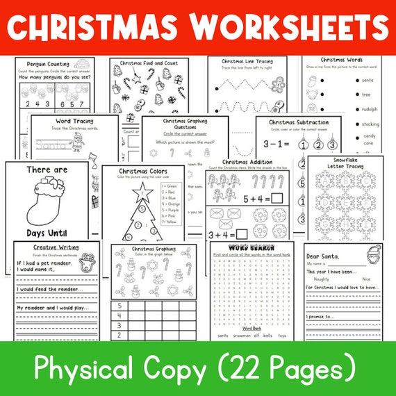 PHYSICAL COPY: Christmas Worksheet Bundle | Christmas Busy Book | Homeschool Printable | Preschool Grade One Worksheets | Christmas Activity
