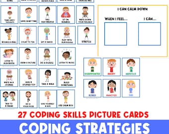 May include: A colorful chart with 27 coping skills picture cards for children. The chart includes images of children engaging in activities such as reading, listening to music, taking deep breaths, and hugging a stuffed toy. The chart also includes a section for children to identify their feelings and choose coping strategies. The text on the chart reads "I can calm down when I feel... I can..." and "27 Coping Skills Picture Cards Coping Strategies Choice Board".