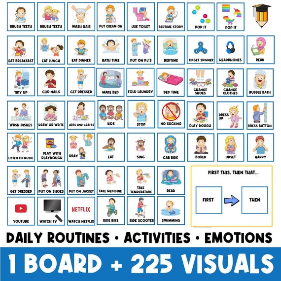 PHYSICAL COPY: 1 Board + 225  Picture Cards | First Then Board | Visual Aid | Toddler Routine | Chart | Task Card | Special Needs | Autism