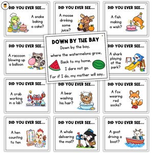 Peut inclure: Ensemble de cartes illustrées avec le texte « DID YOU EVER SEE... » et des scènes amusantes. Les cartes présentent un serpent faisant un gâteau, un orignal buvant du jus, un poisson faisant un vœu, et plus encore. Une carte centrale affiche le texte « DOWN BY THE BAY ».