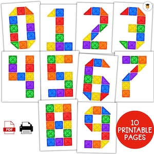 Magnetic Tile Numbers 0-9 Printable | Number Building Mats | Magna Tiles Math Activity | Preschool Kindergarten STEM Center