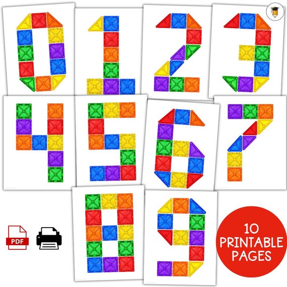 Magnetic Tile Numbers 0-9 Printable | Number Building Mats | Magna Tiles Math Activity | Preschool Kindergarten STEM Center
