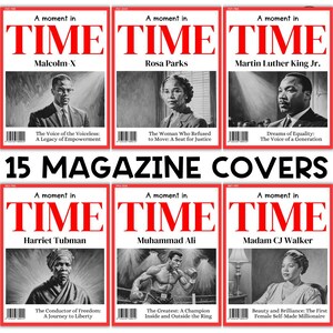 K&ouml;nnte beinhalten: Sechs Schwarzwei&szlig;-Magazincover mit Portr&auml;ts historischer Pers&ouml;nlichkeiten. Jedes Cover zeigt das Wort "TIME" in roten Buchstaben und den Titel "A moment in TIME". Die Cover zeigen Malcolm X, Rosa Parks, Martin Luther King Jr., Harriet Tubman, Muhammad Ali und Madam CJ Walker.
