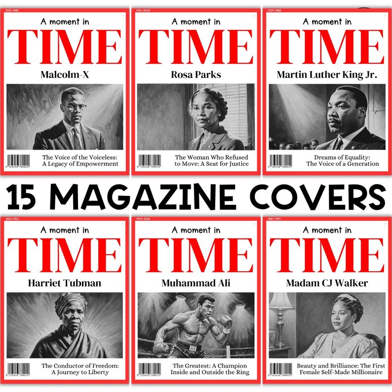 K&ouml;nnte beinhalten: Sechs Schwarzwei&szlig;-Magazincover mit Portr&auml;ts historischer Pers&ouml;nlichkeiten. Jedes Cover zeigt das Wort "TIME" in roten Buchstaben und den Titel "A moment in TIME". Die Cover zeigen Malcolm X, Rosa Parks, Martin Luther King Jr., Harriet Tubman, Muhammad Ali und Madam CJ Walker.