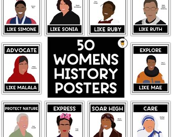 May include: A set of 10 colorful posters featuring illustrations of famous women with their names and accomplishments. The posters are titled "50 Women's History Posters".