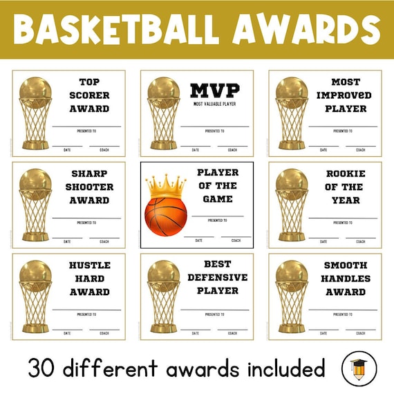 BASKETBALL AWARDS | Printable Team Awards | Basketball Gifts | Basketball Coach | Basketball Players | Award Certificate | Gold | Trophy