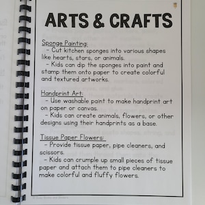 May include: A page from a book with instructions for arts and crafts projects. The page is titled "Arts & Crafts" and lists three projects: Sponge Painting, Handprint Art, and Tissue Paper Flowers. Each project has a list of instructions.