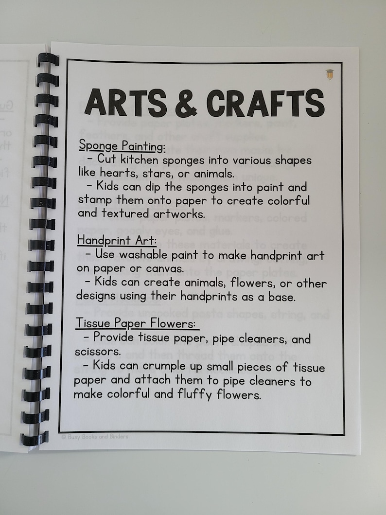 May include: A page from a book with instructions for arts and crafts projects. The page is titled "Arts & Crafts" and lists three projects: Sponge Painting, Handprint Art, and Tissue Paper Flowers. Each project has a list of instructions.
