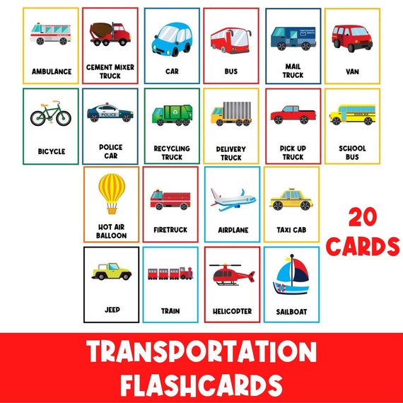 Transportation Flashcards | Vehicles | Trucks | Cars | Flashcards for Kids | Busy Books | Printable | Homeschool | Preschool | Kindergarten
