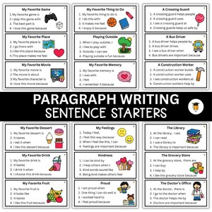 May include: A collection of educational paragraph writing sentence starters featuring eighteen distinct prompt cards. Each card includes four numbered lines for writing and a colorful icon representing topics like games, community helpers, feelings, and food.