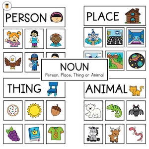 CLASSIFICAÇÃO DE SUBSTANTIVOS | Cartões ilustrados de substantivos | Língua | Vocabulário | Flashcards infantis para impressão | Cartão de bolso | Pôster de aprendizagem