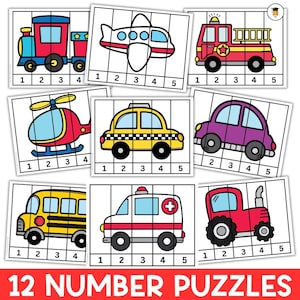 Puede incluir: Doce rompecabezas de números con diferentes vehículos, incluyendo un autobús escolar, un camión de bomberos, un taxi, un helicóptero, una ambulancia, un tractor y un avión. Cada rompecabezas tiene cinco secciones numeradas del 1 al 5.
