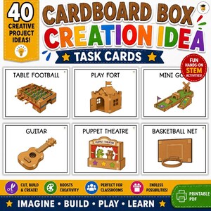 40 Cardboard Box STEM Challenge Task Cards | DIY Cardboard Creations for Kids | Printable Makerspace Activity Cards | Classroom STEM Center