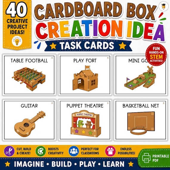 40 Cardboard Box STEM Challenge Task Cards | DIY Cardboard Creations for Kids | Printable Makerspace Activity Cards | Classroom STEM Center