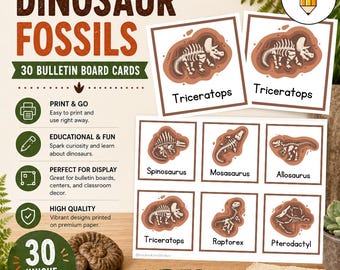 May include: A collection of 30 dinosaur fossil bulletin board cards. The cards showcase various dinosaur skeletons, such as Triceratops and Spinosaurus. Ideal for educational purposes and classroom displays. The cards are designed for educational use and classroom decor.