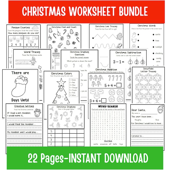 Christmas Worksheet Bundle | Christmas Busy Book | Homeschool Printables, Preschool Grade One Worksheets | Christmas Activity Worksheets