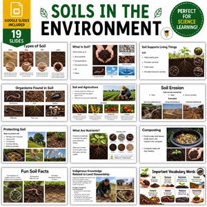 Może przedstawiać: Cyfrowa prezentacja edukacyjna zatytułowana Soils in the Environment składająca się z 19 slajdów. Treść zawiera diagramy, zdjęcia i tekst wyjaśniający rodzaje gleby, organizmy, rolnictwo, erozję, składniki odżywcze, kompostowanie i ochronę ziemi.