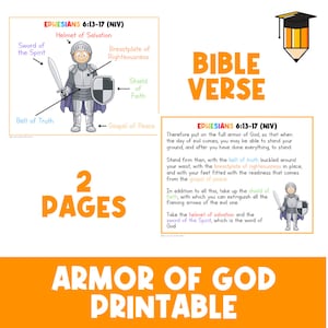 Puede incluir: Una impresión colorida titulada "Armadura de Dios" con ilustraciones de una armadura de caballero y versículos bíblicos. La imagen incluye texto como "Casco de la Salvación", "Espada del Espíritu" y "Escudo de la Fe."