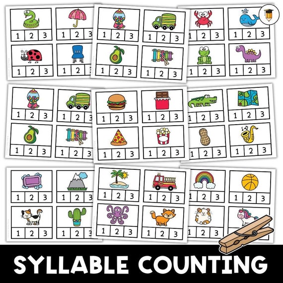 SYLLABLE CLIPCARDS | Kindergarten Preschool Counting | Flashcards | Syllables | ESL | Classroom Task Card | Literacy | Phonics | Sight Words