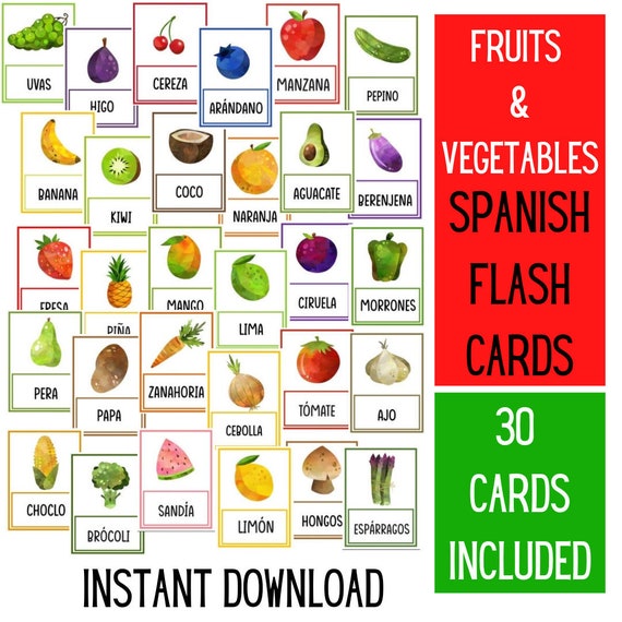 Spanish Flashcards | Fruits and Vegetables | Preschool Flash Cards | Watercolor Activities | Busy Book | Spanish Activities | Download