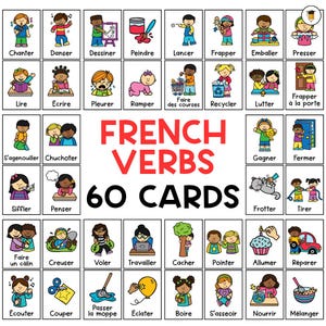 60 French Verbs Flashcards | Picture Cards | Action Verbs | Language | Visual Aid | Task Card | En Francis For Kids | French Printable