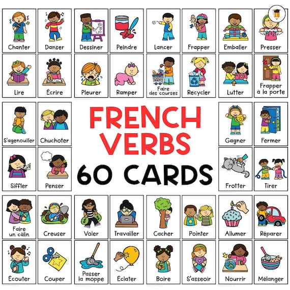 60 French Verbs Flashcards | Picture Cards | Action Verbs | Language | Visual Aid | Task Card | En Francis For Kids | French Printable