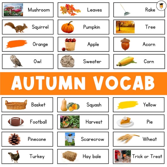 Autumn Fall Words | Spelling | Literacy Wall | Preschool Grade One | Back to School Vocabulary | Flashcards | Picture Cards | Autumn Words