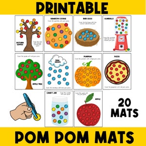 Może przedstawiać: Drukowane maty z pomponami dla dzieci. Maty przedstawiają różne obrazy, takie jak ciasteczko tęczowe, jajka ptasie, kulki, jesienne liście, jabłoń, krople deszczu, dynia, pizza, słoik z cukierkami i jabłko. Każda mata zawiera odpowiednią instrukcję, aby przykryć obraz pomponami.